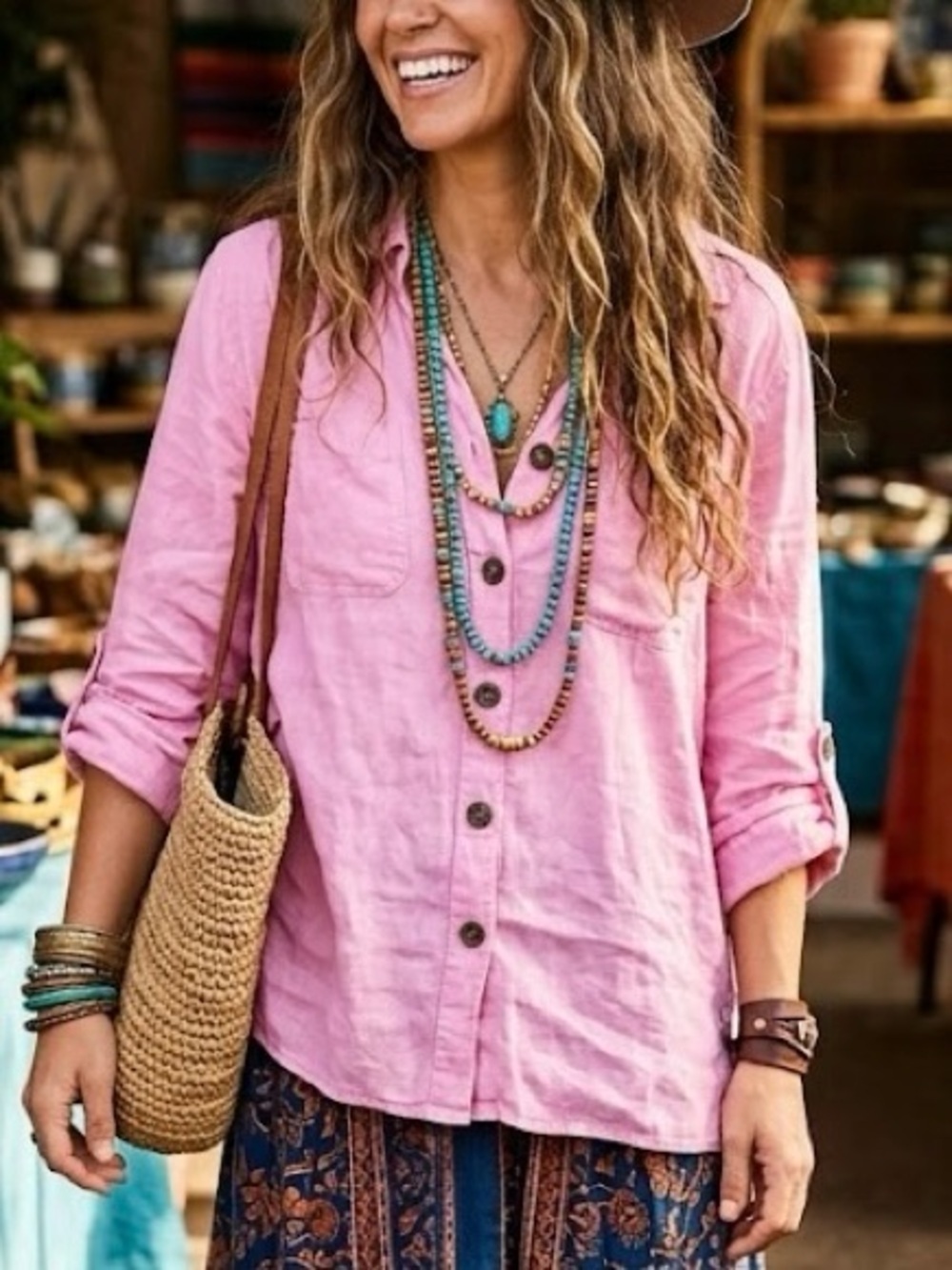 mySTYLE Pink Linen Blend Roll Tab Button Up Shirt L/G Boho Lagenlook Coastal